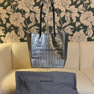 Balenciaga Authentic Metallic Silver Croc Embossed Bag EUC with Dusty